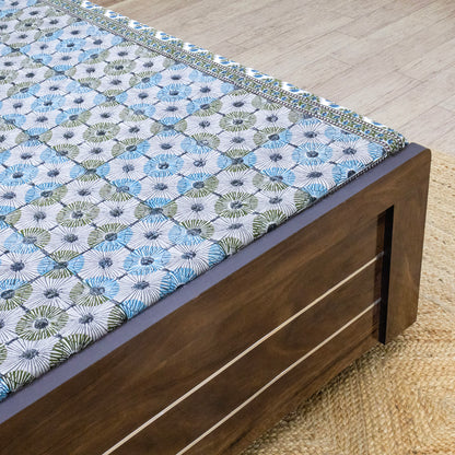 Indian Handmade Block Printed Green and Blue Floral Pattern Cotton Bed sheet For living Room, Kids Room - My Store