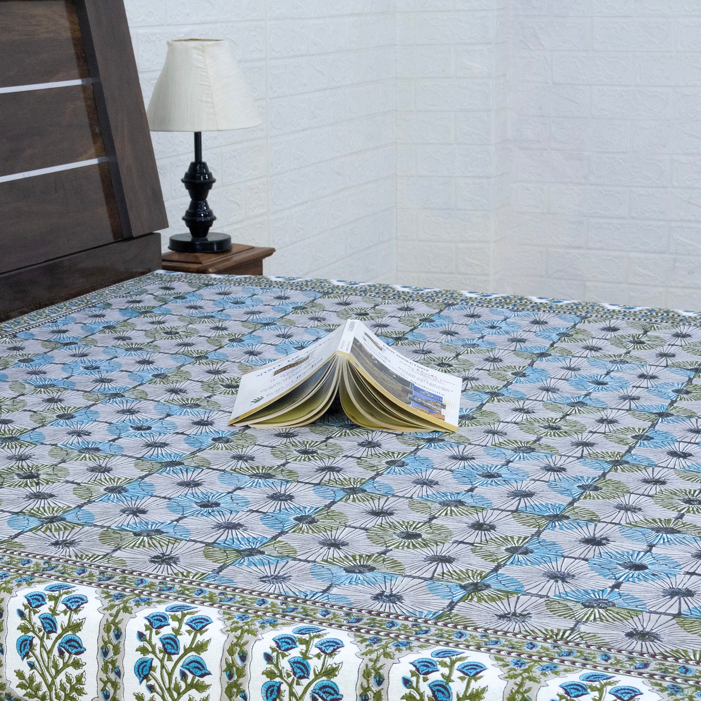 Indian Handmade Block Printed Green and Blue Floral Pattern Cotton Bed sheet For living Room, Kids Room - My Store