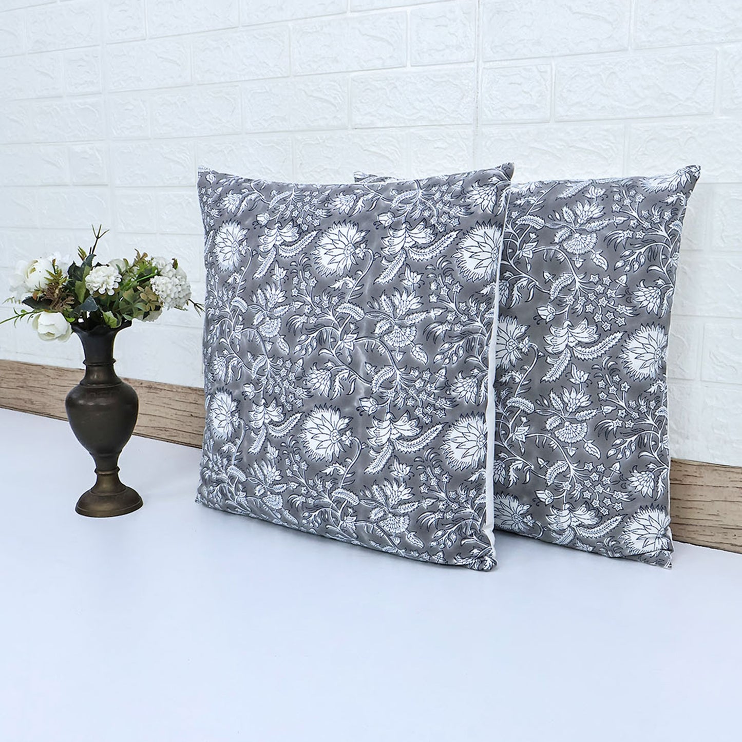 Boho Decor Sofa Pillow Cover Hand Block Printed Cotton Cushion Covers White Floral Decorative Cushion Cover