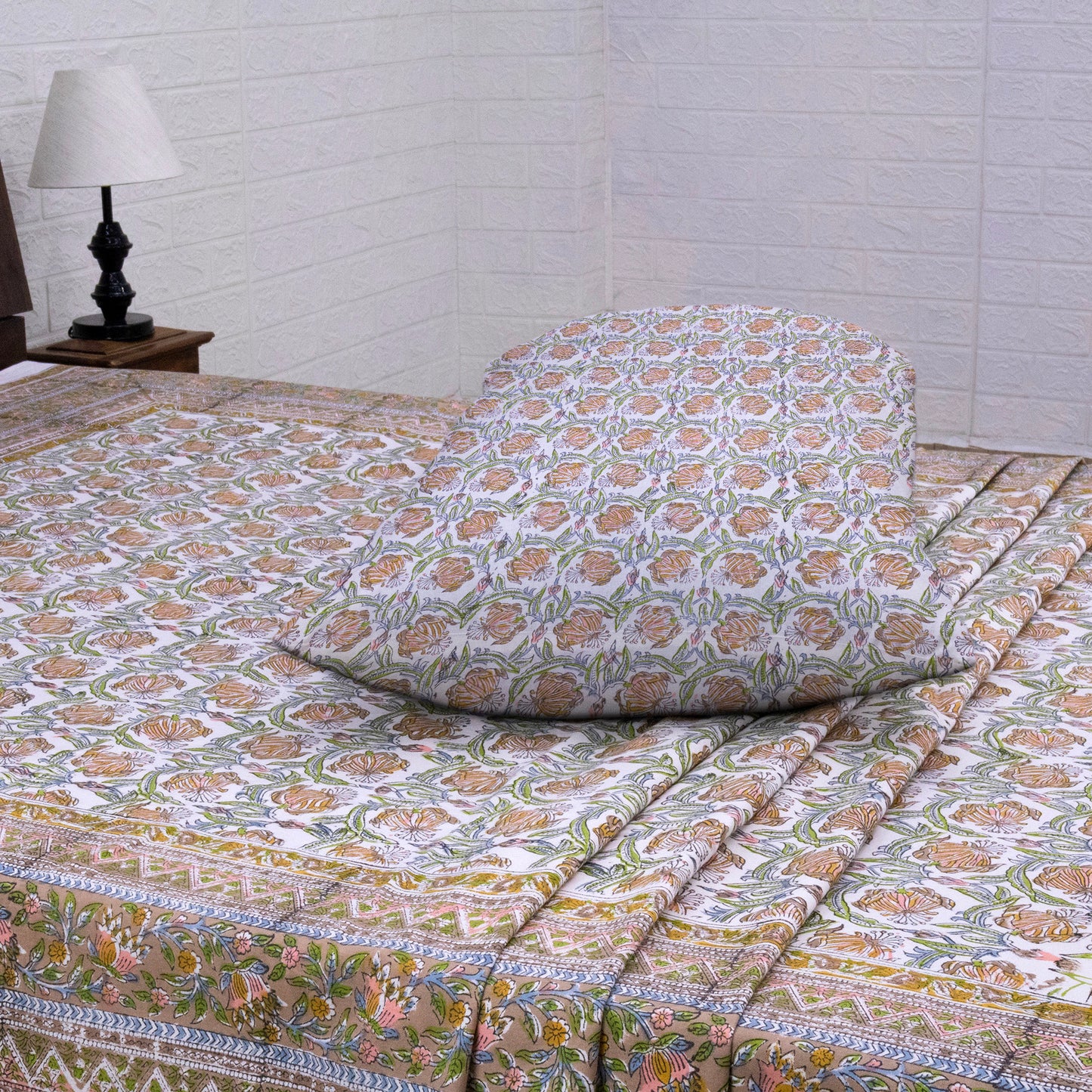 Indian Handmade Block Printed Brown and Orange Floral Pattern Cotton Bed sheet For living Room, Kids Room - My Store