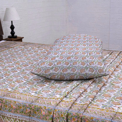 Indian Handmade Block Printed Brown and Orange Floral Pattern Cotton Bed sheet For living Room, Kids Room - My Store