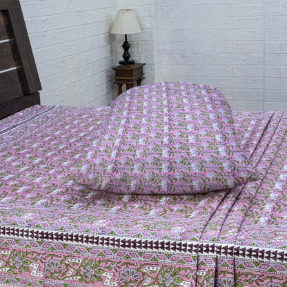 Indian Handmade Block Printed Pink and Green Floral Pattern Cotton Bed sheet For living Room, Kids Room - My Store