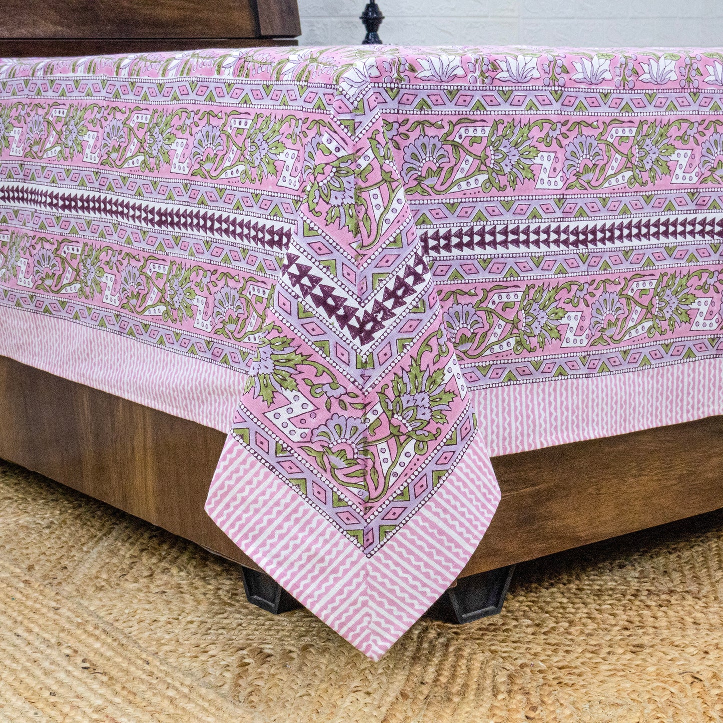 Indian Handmade Block Printed Pink and Green Floral Pattern Cotton Bed sheet For living Room, Kids Room - My Store