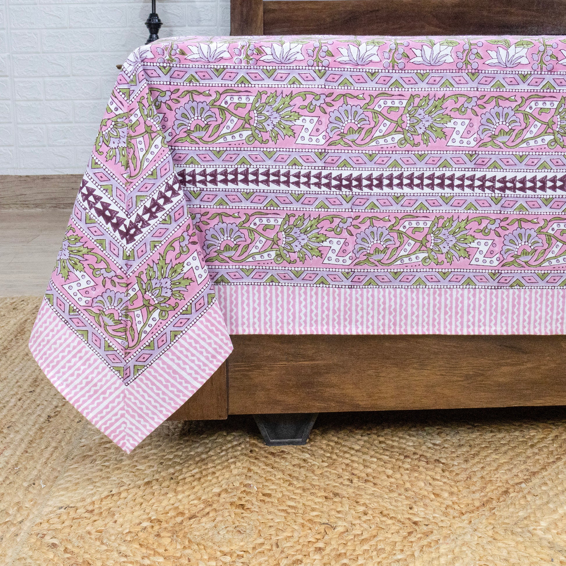 Indian Handmade Block Printed Pink and Green Floral Pattern Cotton Bed sheet For living Room, Kids Room - My Store