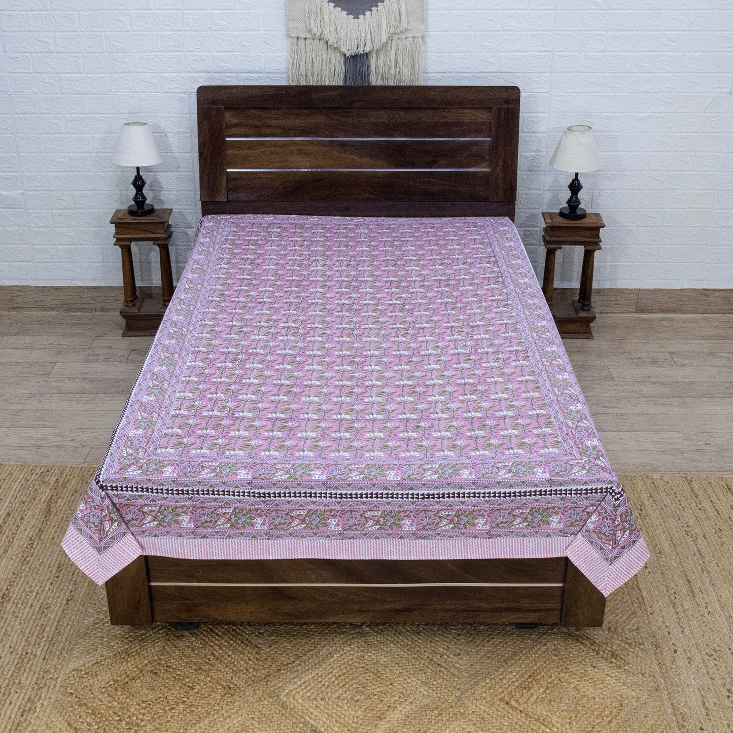 Indian Handmade Block Printed Pink and Green Floral Pattern Cotton Bed sheet For living Room, Kids Room - My Store