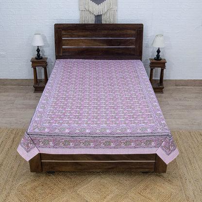 Indian Handmade Block Printed Pink and Green Floral Pattern Cotton Bed sheet For living Room, Kids Room - My Store
