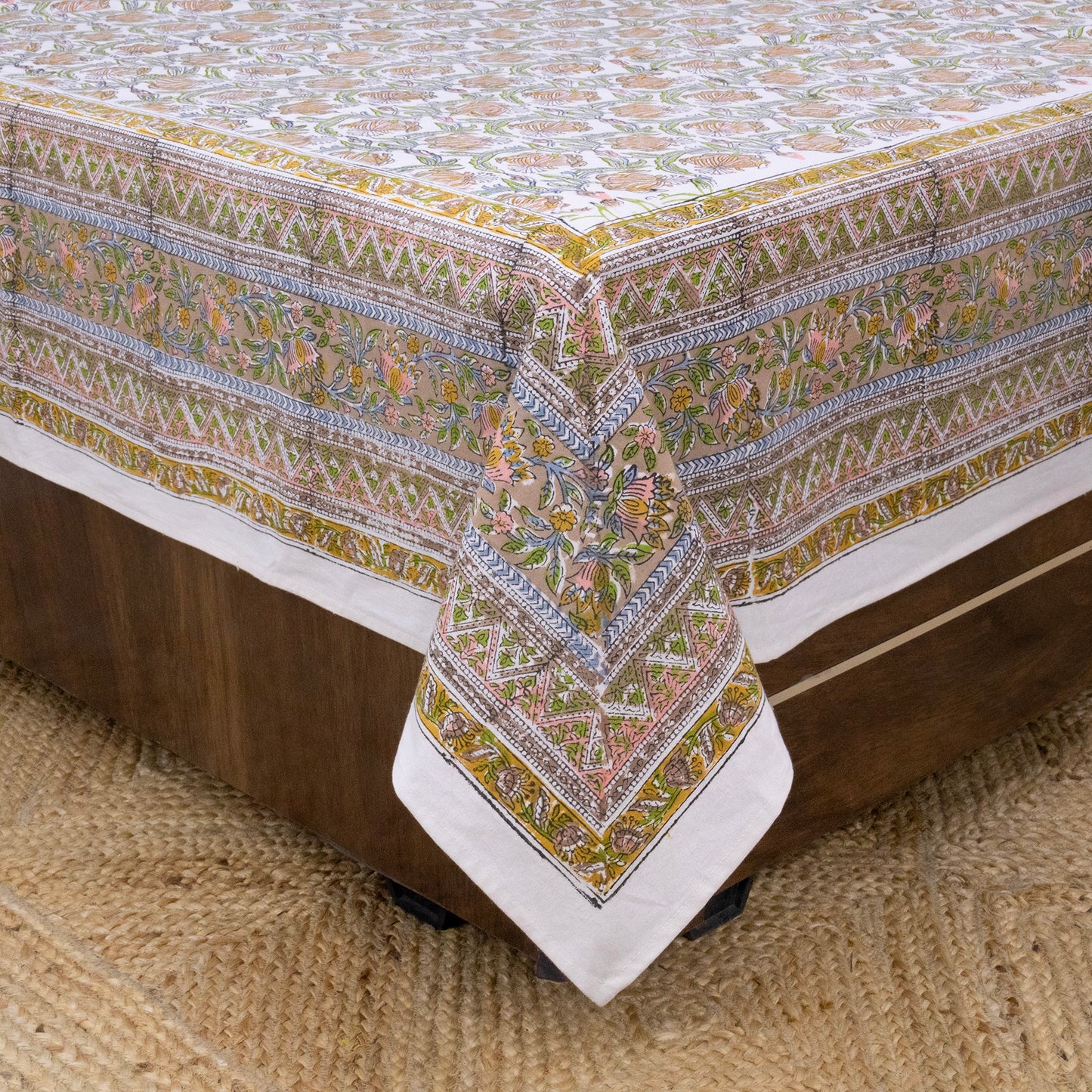 Indian Handmade Block Printed Brown and Orange Floral Pattern Cotton Bed sheet For living Room, Kids Room - My Store