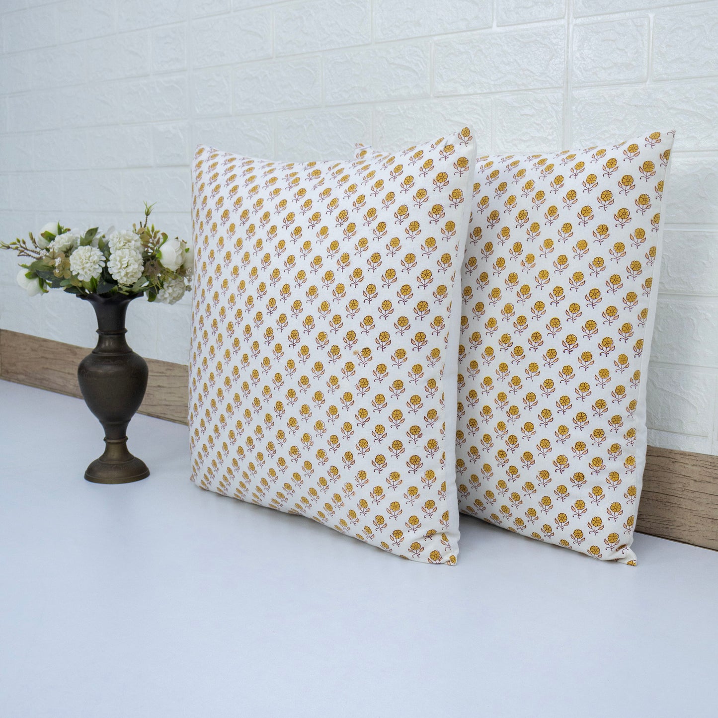 Yellow Floral Print Pillow Cover Block Printed Cotton Cushion Cover Boho Sofa Decor Housewarming Gift