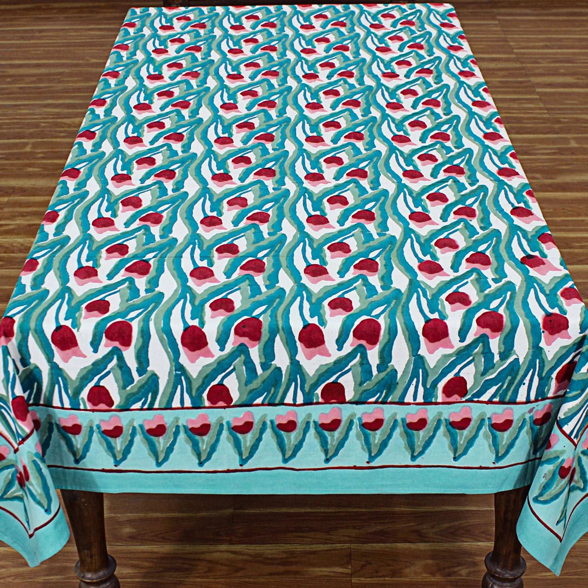 Handmade Green and Red Floral Block Printed Tablecloth - My Store