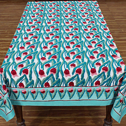 Handmade Green and Red Floral Block Printed Tablecloth - My Store