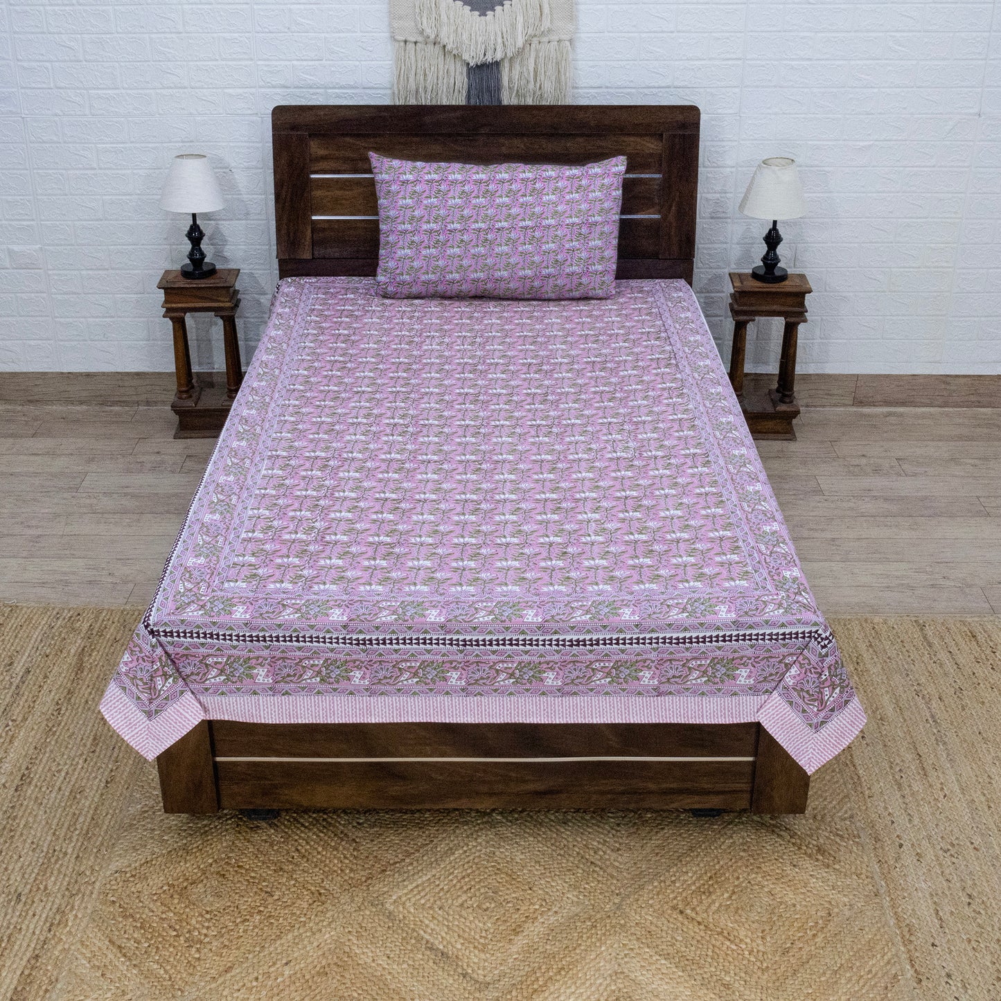 Indian Handmade Block Printed Pink and Green Floral Pattern Cotton Bed sheet For living Room, Kids Room - My Store