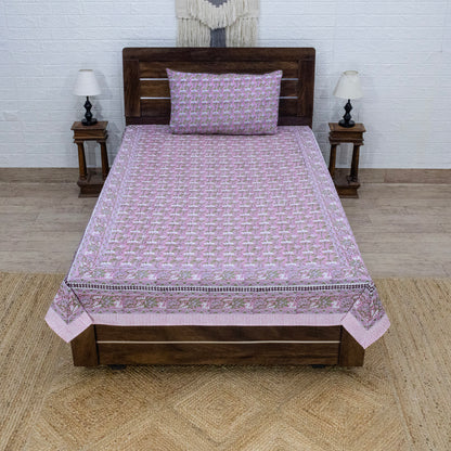 Indian Handmade Block Printed Pink and Green Floral Pattern Cotton Bed sheet For living Room, Kids Room - My Store