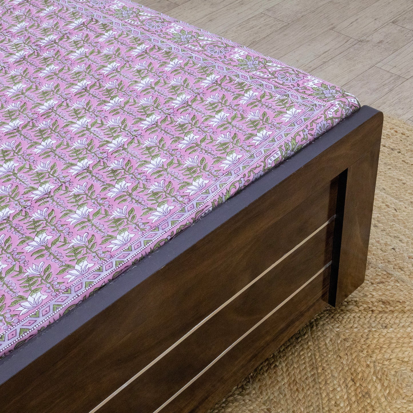 Indian Handmade Block Printed Pink and Green Floral Pattern Cotton Bed sheet For living Room, Kids Room - My Store