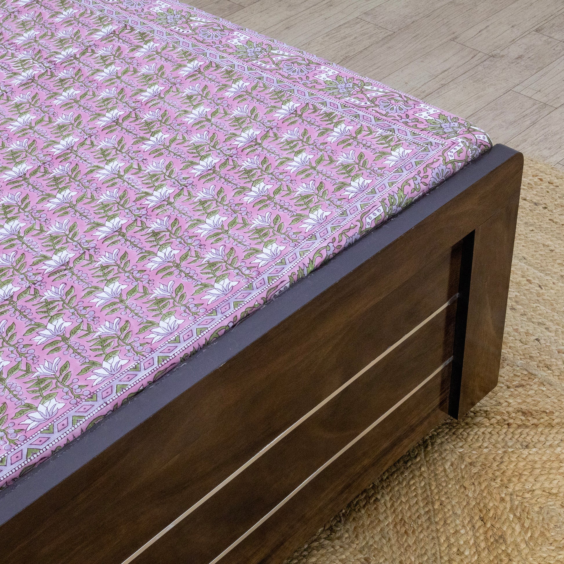 Indian Handmade Block Printed Pink and Green Floral Pattern Cotton Bed sheet For living Room, Kids Room - My Store