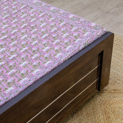 Indian Handmade Block Printed Pink and Green Floral Pattern Cotton Bed sheet For living Room, Kids Room - My Store