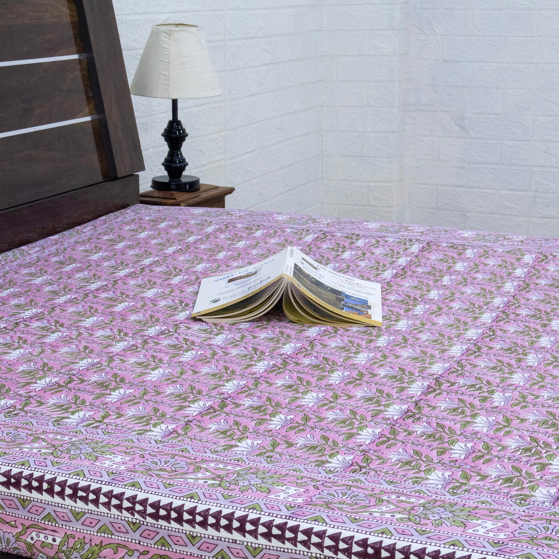 Indian Handmade Block Printed Pink and Green Floral Pattern Cotton Bed sheet For living Room, Kids Room - My Store