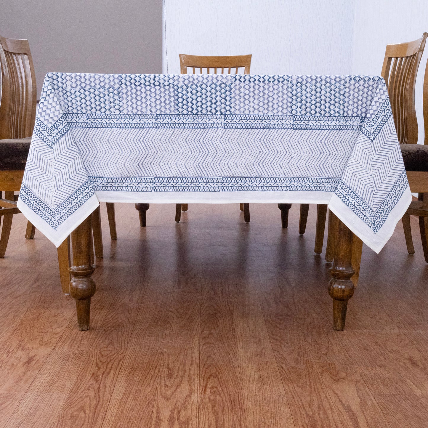 Blue and Gray Block Print Cotton Tablecloth, Handmade Indian Rectangle Table Linen - My Store