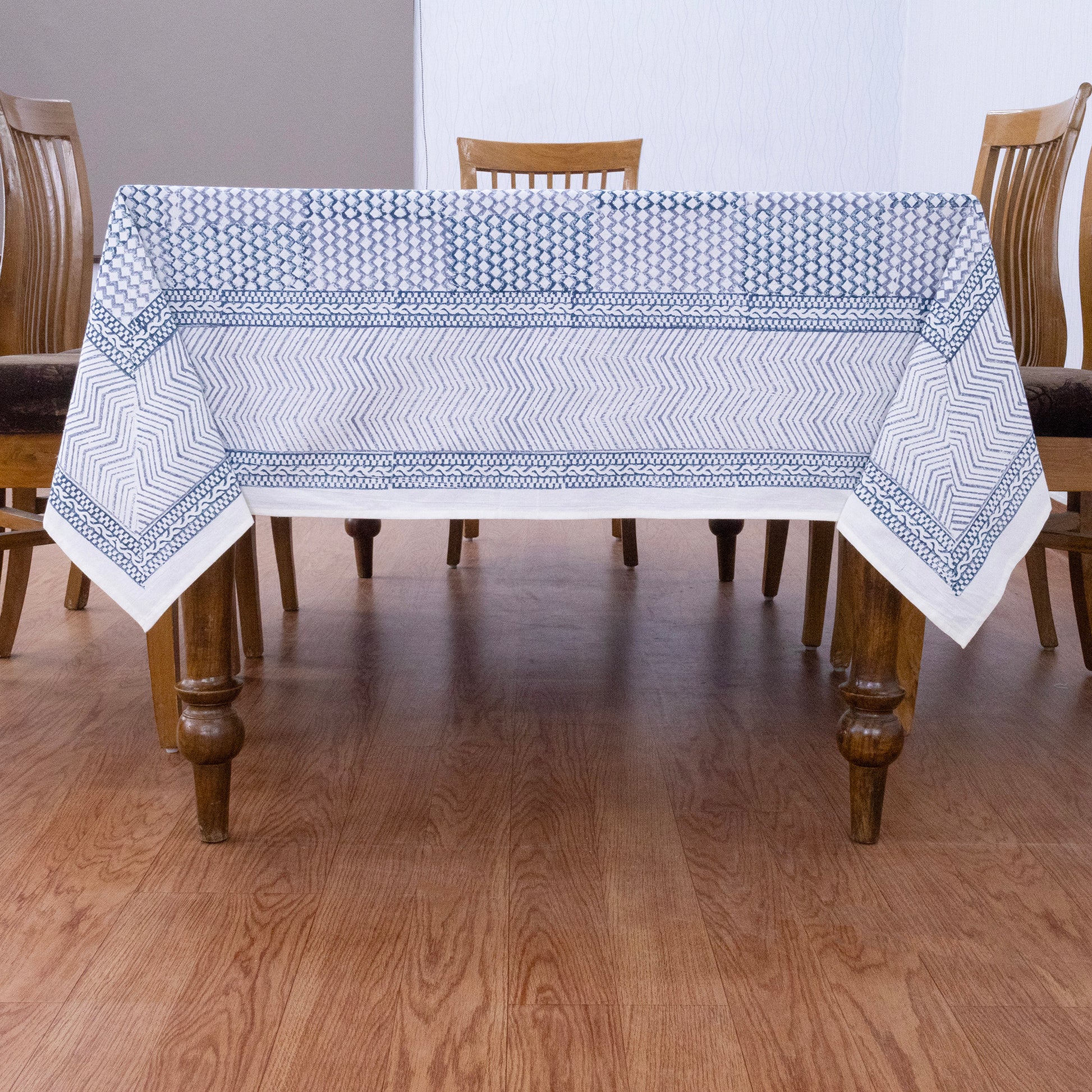 Blue and Gray Block Print Cotton Tablecloth, Handmade Indian Rectangle Table Linen - My Store