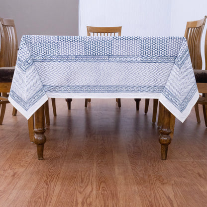 Blue and Gray Block Print Cotton Tablecloth, Handmade Indian Rectangle Table Linen - My Store