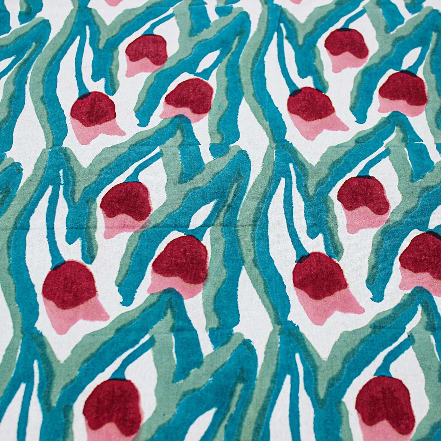 Handmade Green and Red Floral Block Printed Tablecloth - My Store