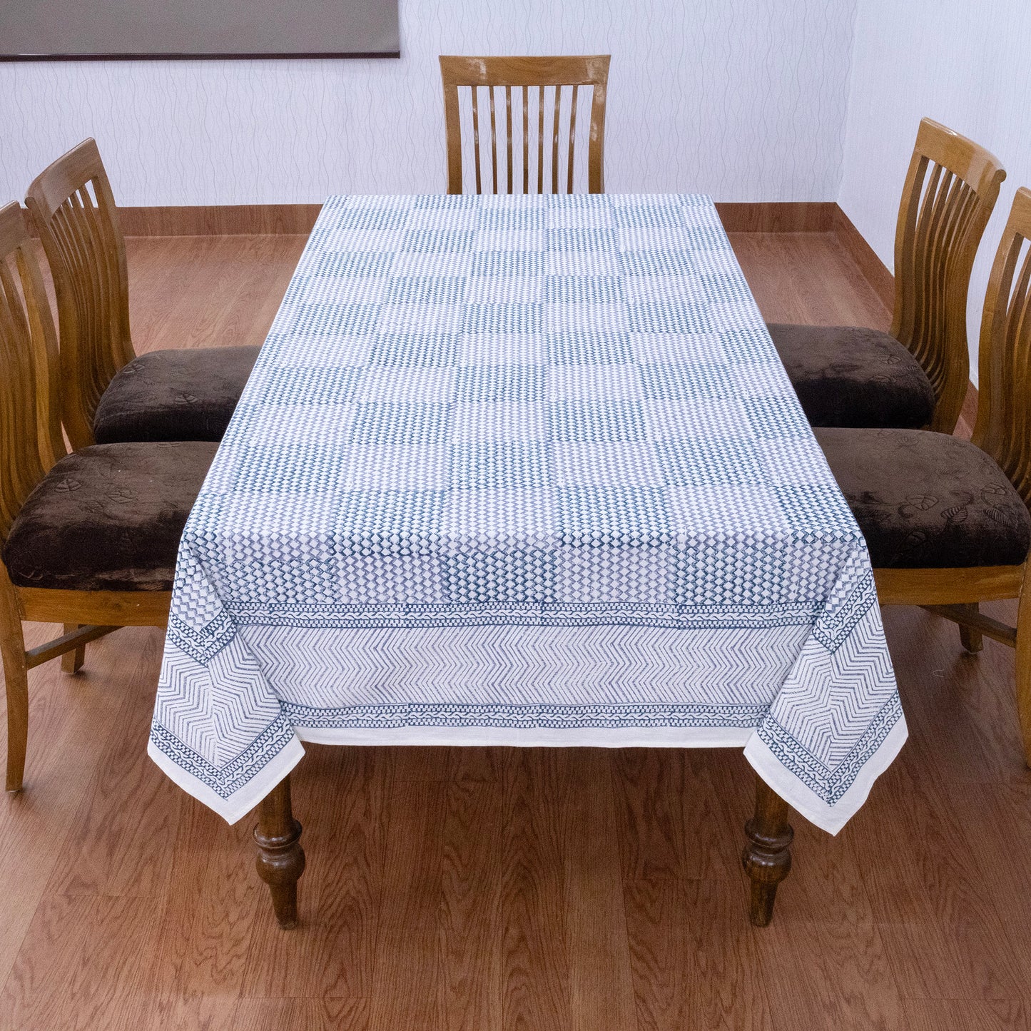 Blue and Gray Block Print Cotton Tablecloth, Handmade Indian Rectangle Table Linen - My Store