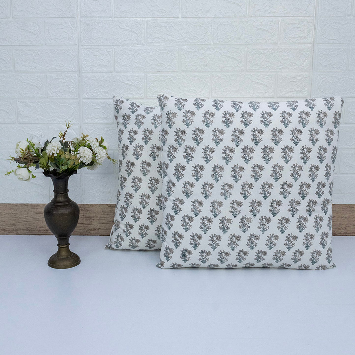 Hand Block Print White Floral Booti Cushion Cover – Handmade Cotton Decorative Pillow Cover