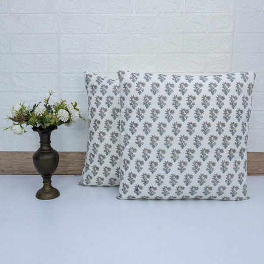 Hand Block Print White Floral Booti Cushion Cover – Handmade Cotton Decorative Pillow Cover