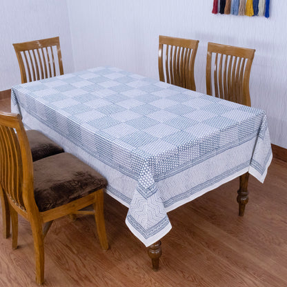 Blue and Gray Block Print Cotton Tablecloth, Handmade Indian Rectangle Table Linen - My Store