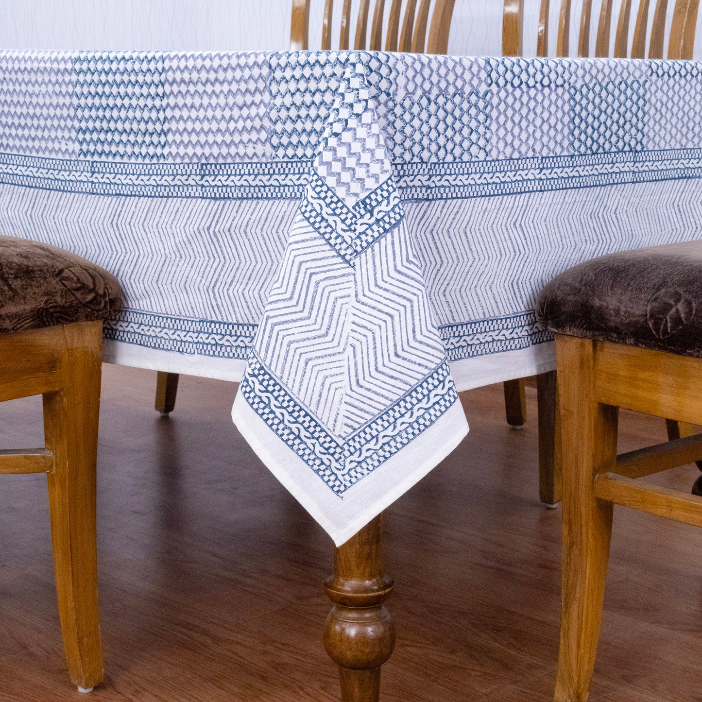 Blue and Gray Block Print Cotton Tablecloth, Handmade Indian Rectangle Table Linen - My Store