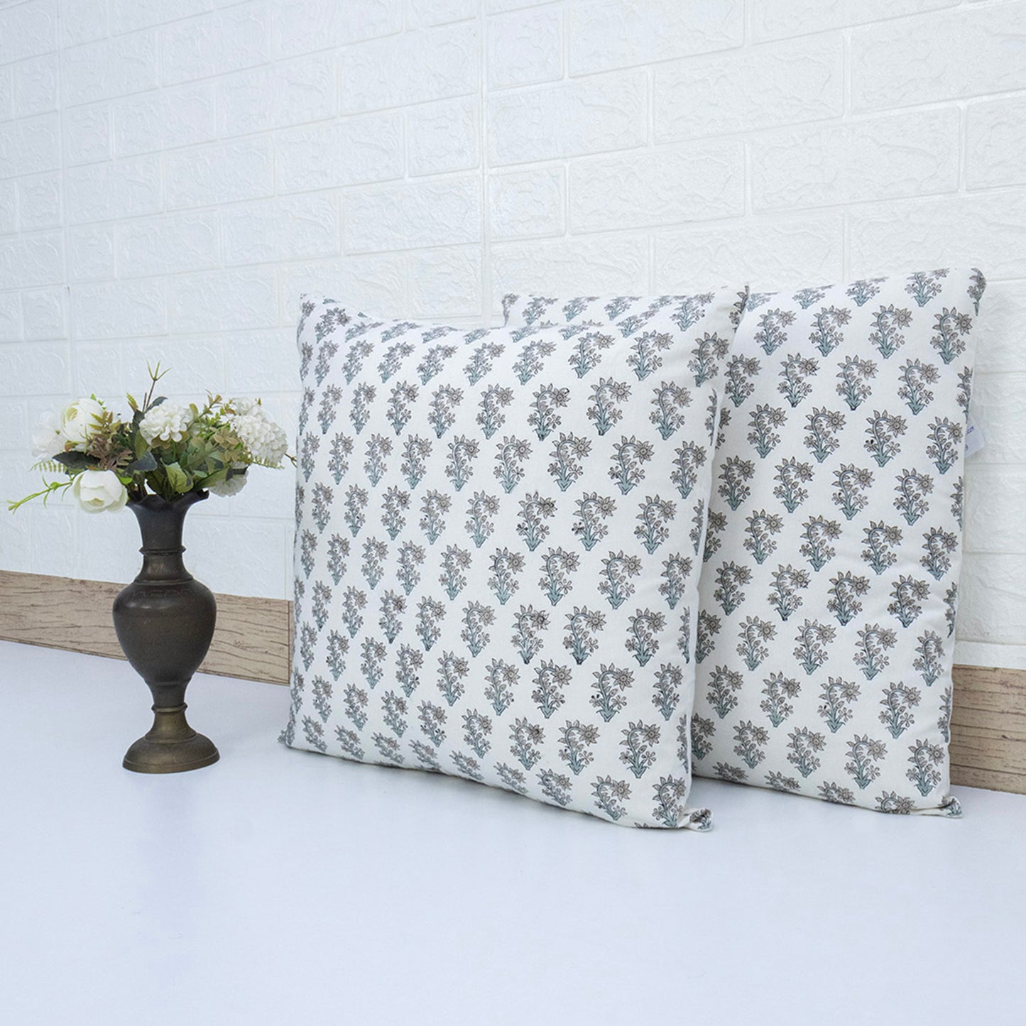 Hand Block Print White Floral Booti Cushion Cover – Handmade Cotton Decorative Pillow Cover