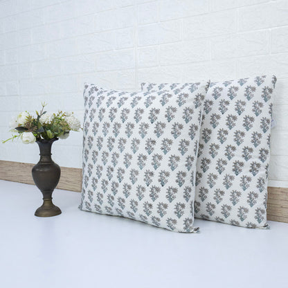 Hand Block Print White Floral Booti Cushion Cover – Handmade Cotton Decorative Pillow Cover