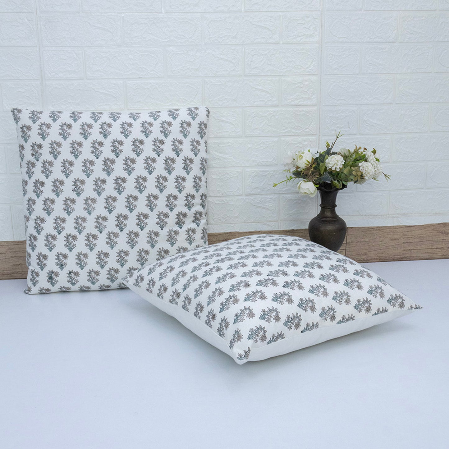 Hand Block Print White Floral Booti Cushion Cover – Handmade Cotton Decorative Pillow Cover