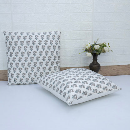 Hand Block Print White Floral Booti Cushion Cover – Handmade Cotton Decorative Pillow Cover