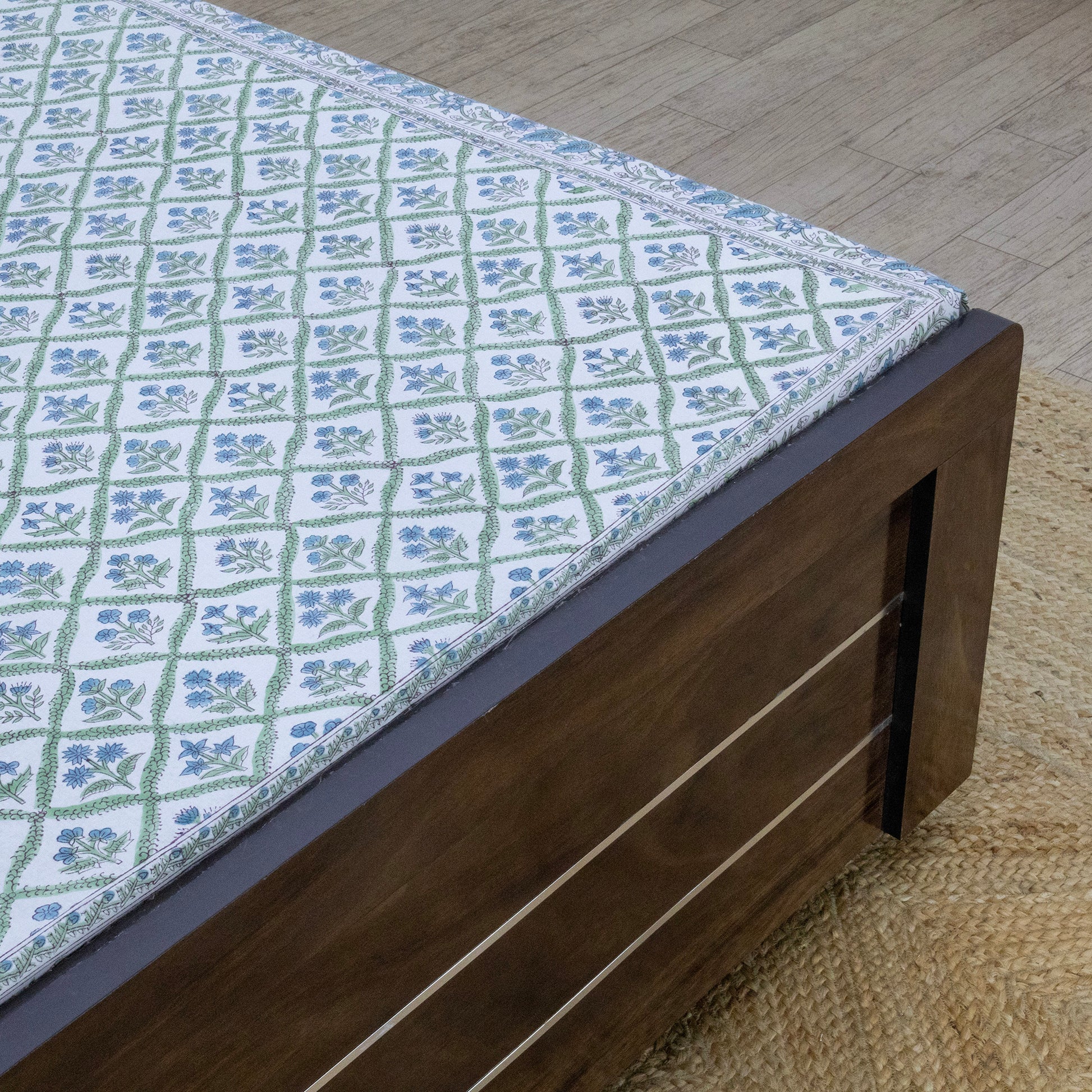 Indian Handmade Block Printed Blue and Green Floral Pattern Cotton Bed sheet For living Room, Kids Room - My Store