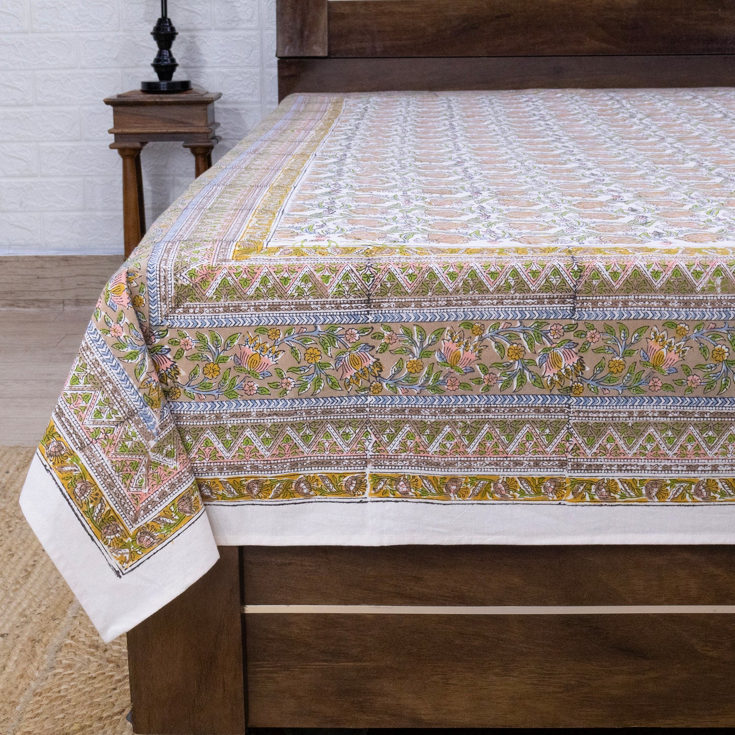 Indian Handmade Block Printed Brown and Orange Floral Pattern Cotton Bed sheet For living Room, Kids Room - My Store