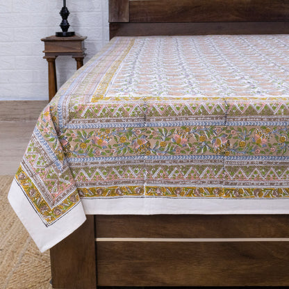 Indian Handmade Block Printed Brown and Orange Floral Pattern Cotton Bed sheet For living Room, Kids Room - My Store