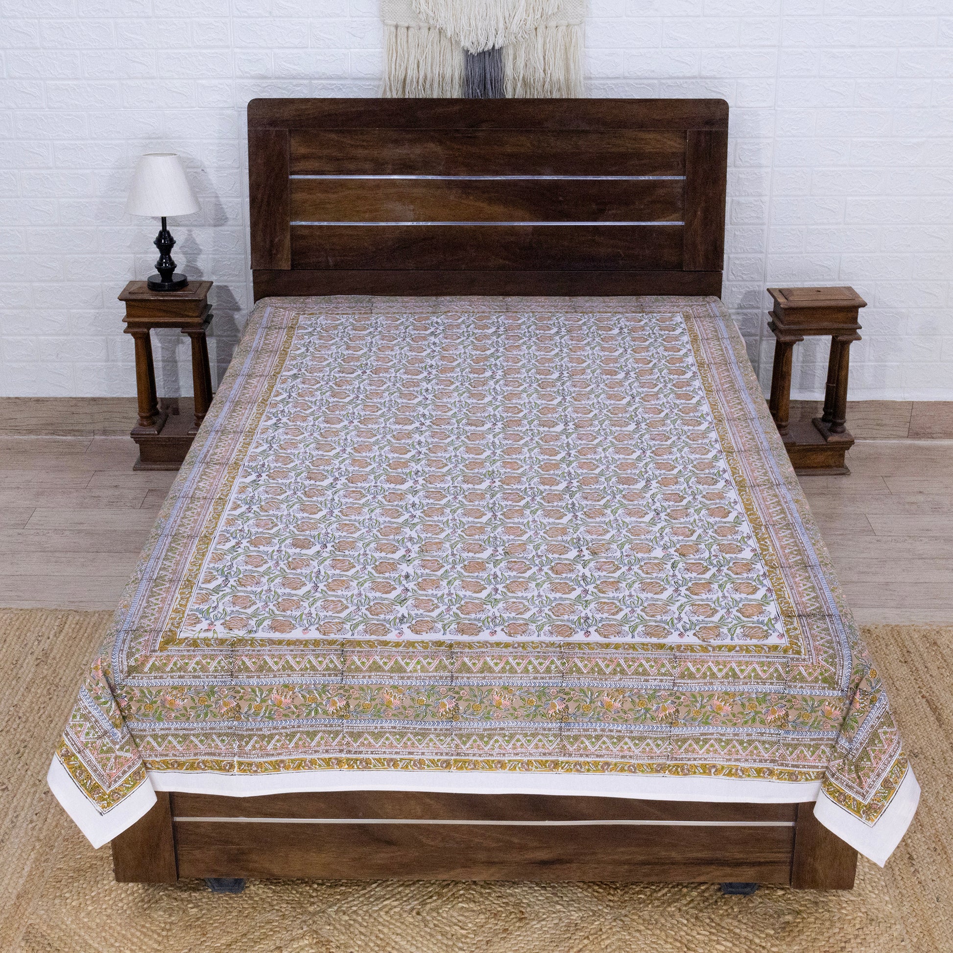 Indian Handmade Block Printed Brown and Orange Floral Pattern Cotton Bed sheet For living Room, Kids Room - My Store