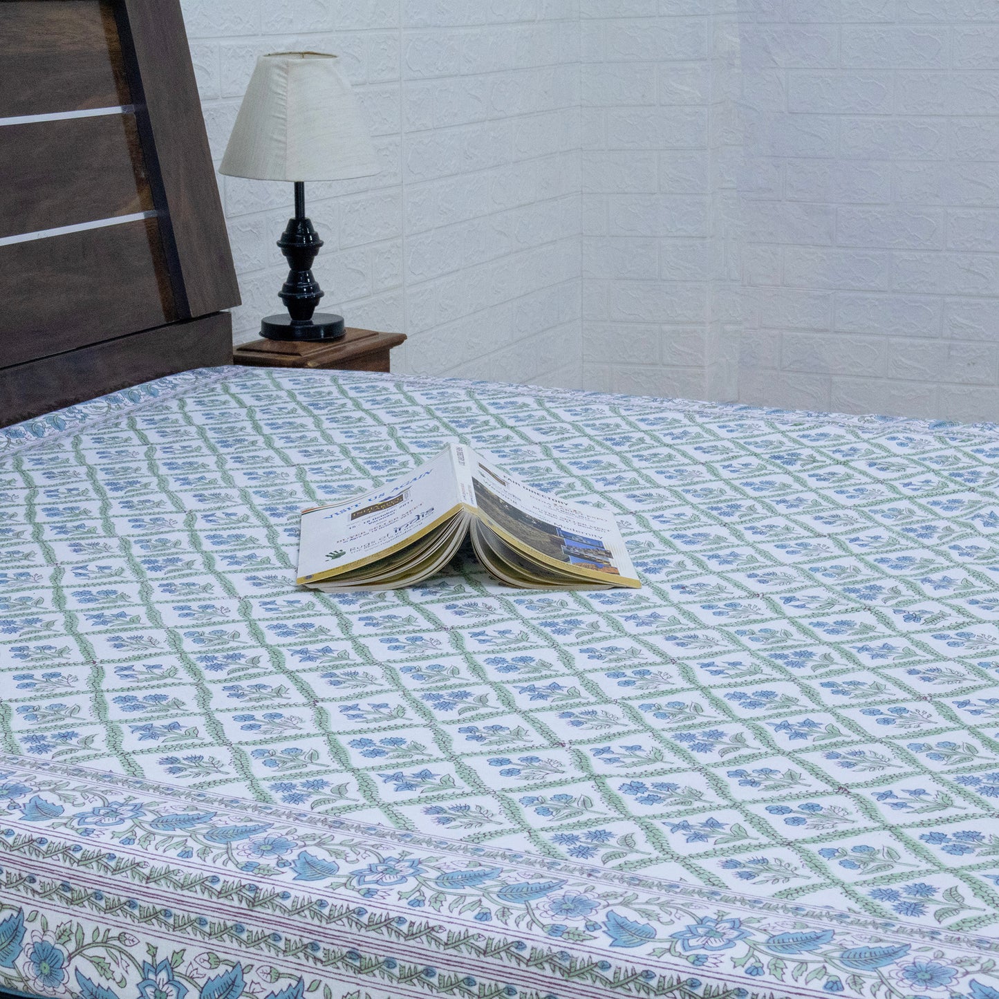 Indian Handmade Block Printed Blue and Green Floral Pattern Cotton Bed sheet For living Room, Kids Room - My Store