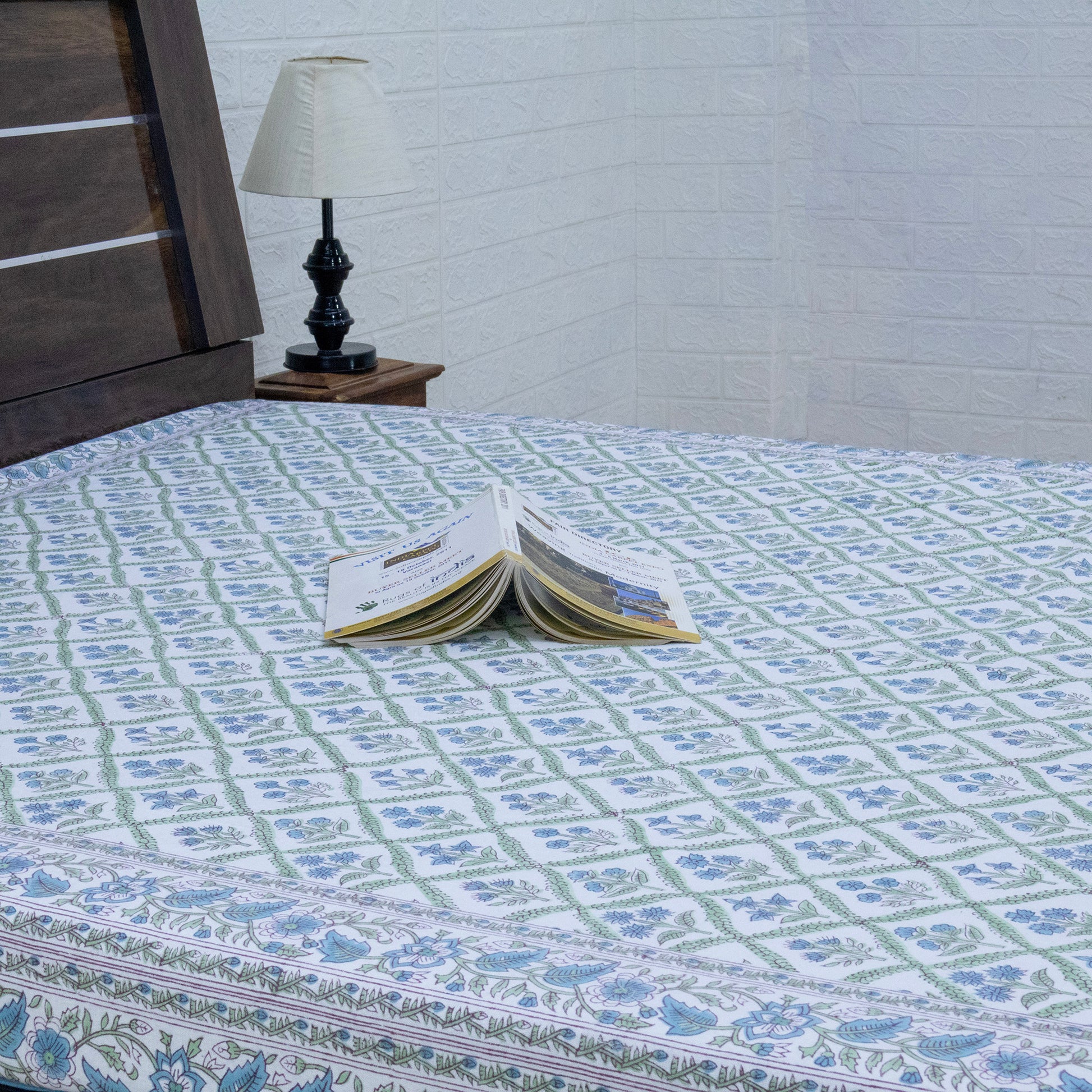 Indian Handmade Block Printed Blue and Green Floral Pattern Cotton Bed sheet For living Room, Kids Room - My Store