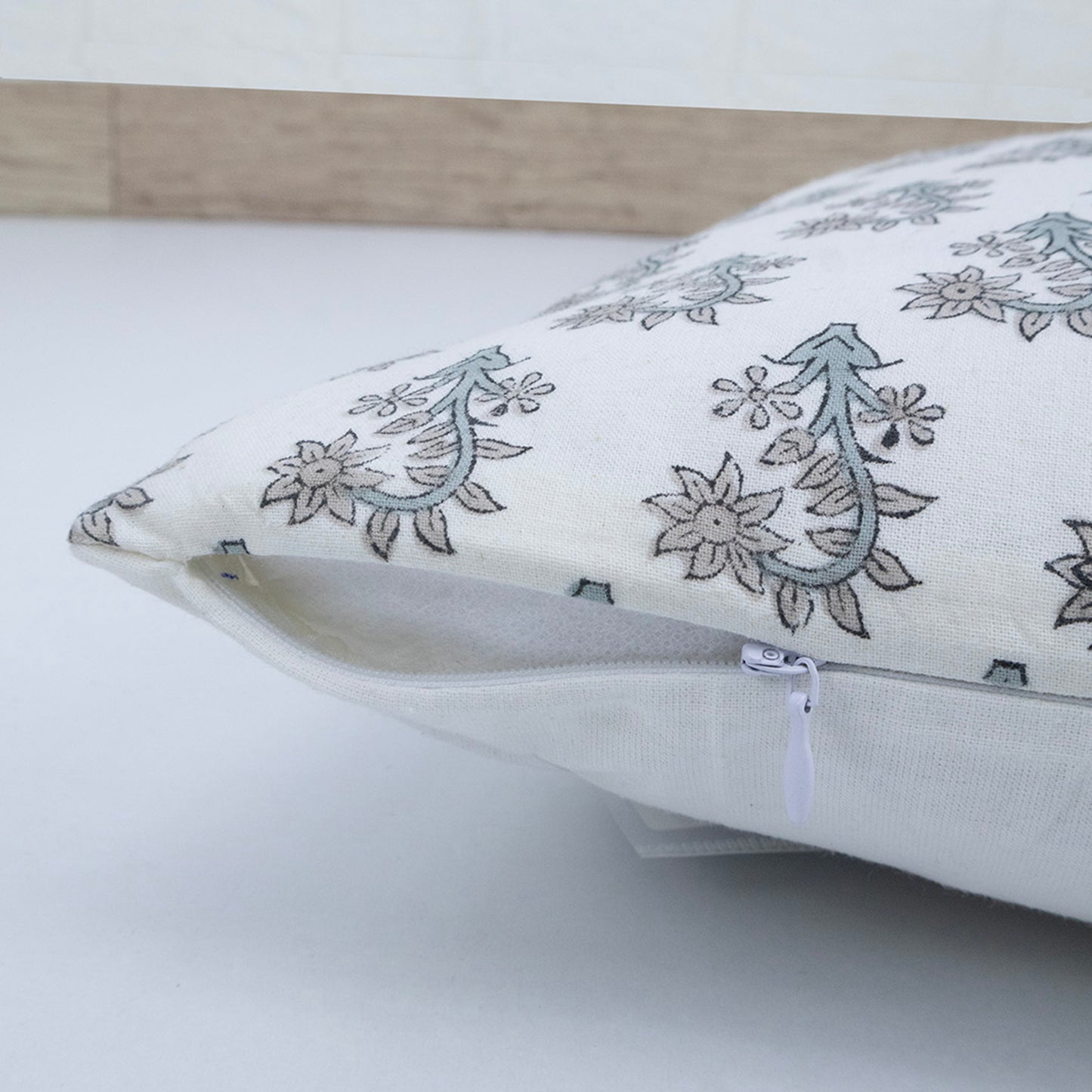 Hand Block Print White Floral Booti Cushion Cover – Handmade Cotton Decorative Pillow Cover