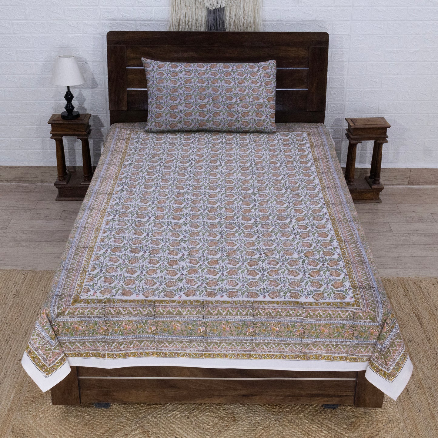 Indian Handmade Block Printed Brown and Orange Floral Pattern Cotton Bed sheet For living Room, Kids Room - My Store