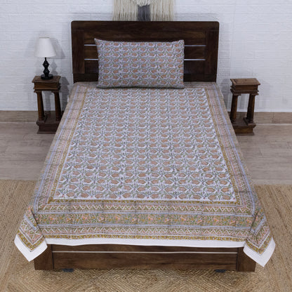 Indian Handmade Block Printed Brown and Orange Floral Pattern Cotton Bed sheet For living Room, Kids Room - My Store