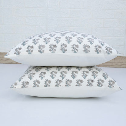 Hand Block Print White Floral Booti Cushion Cover – Handmade Cotton Decorative Pillow Cover
