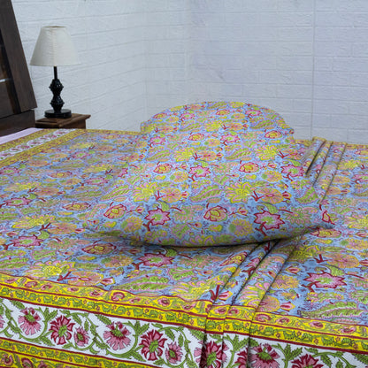 Indian Handmade Block Printed Yellow and Blue Floral Pattern Cotton Bed sheet For living Room, Kids Room - My Store