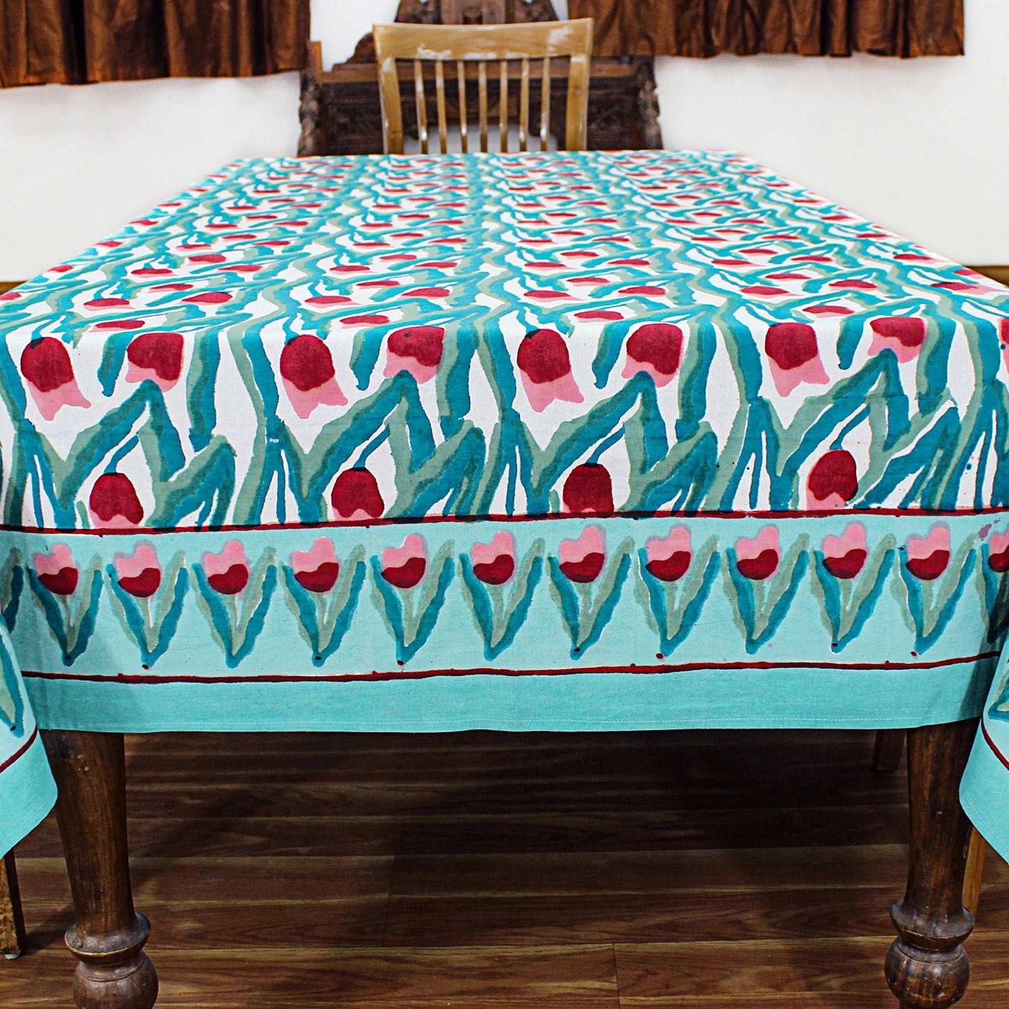 Handmade Green and Red Floral Block Printed Tablecloth - My Store