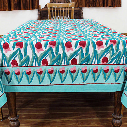Handmade Green and Red Floral Block Printed Tablecloth - My Store