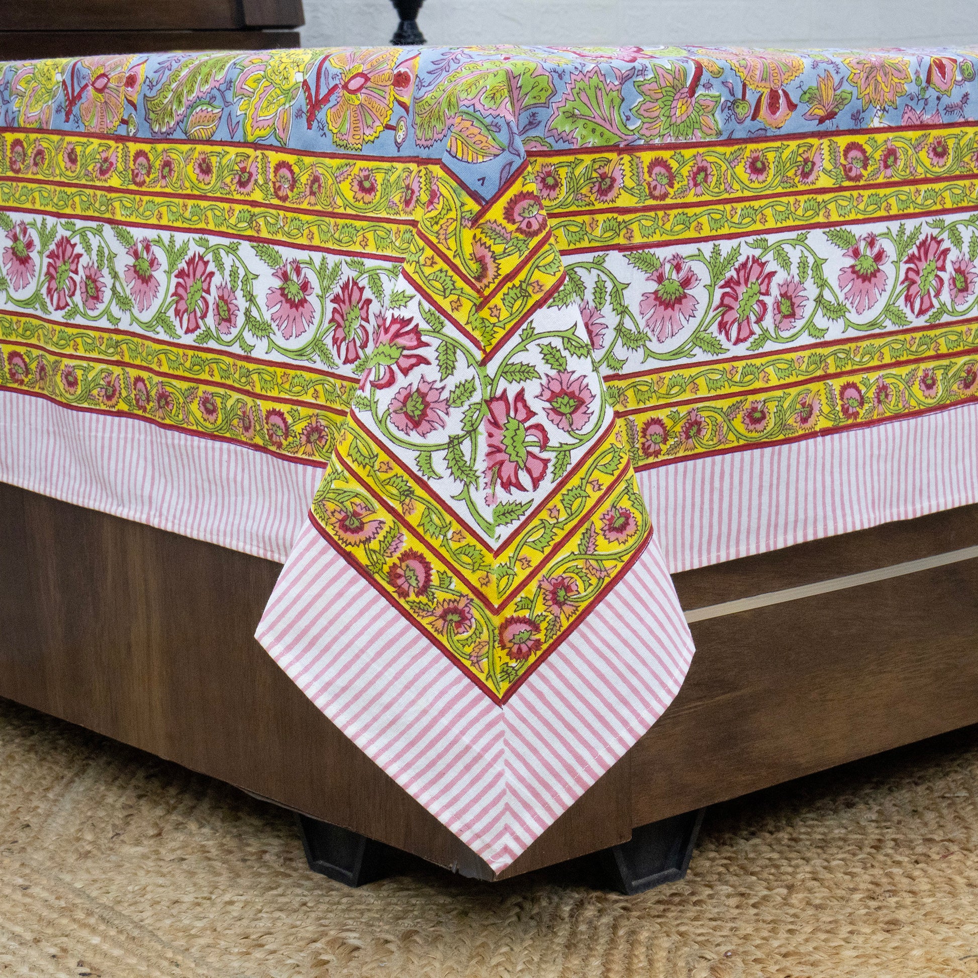 Indian Handmade Block Printed Yellow and Blue Floral Pattern Cotton Bed sheet For living Room, Kids Room - My Store