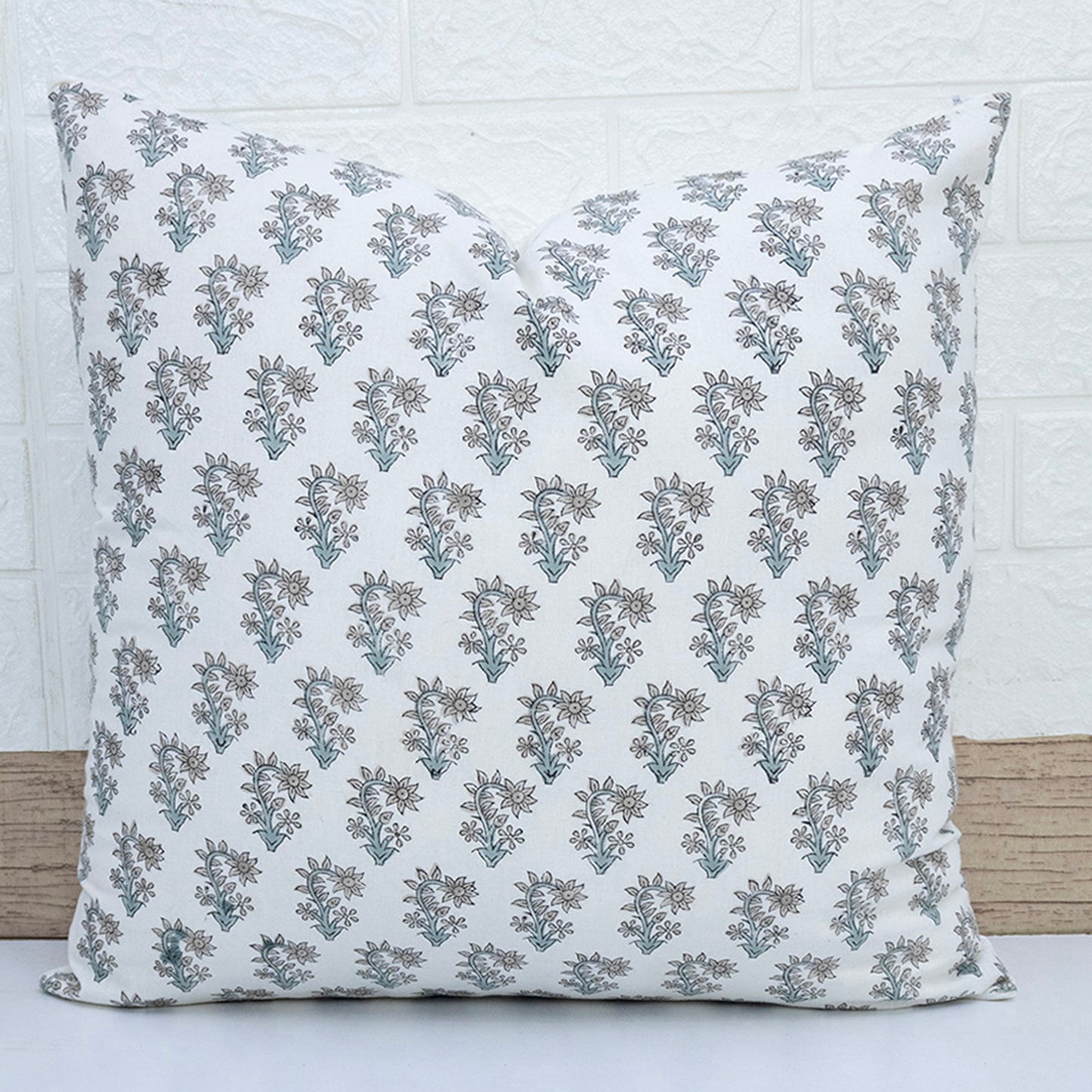 Hand Block Print White Floral Booti Cushion Cover – Handmade Cotton Decorative Pillow Cover