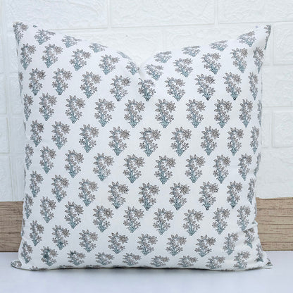 Hand Block Print White Floral Booti Cushion Cover – Handmade Cotton Decorative Pillow Cover