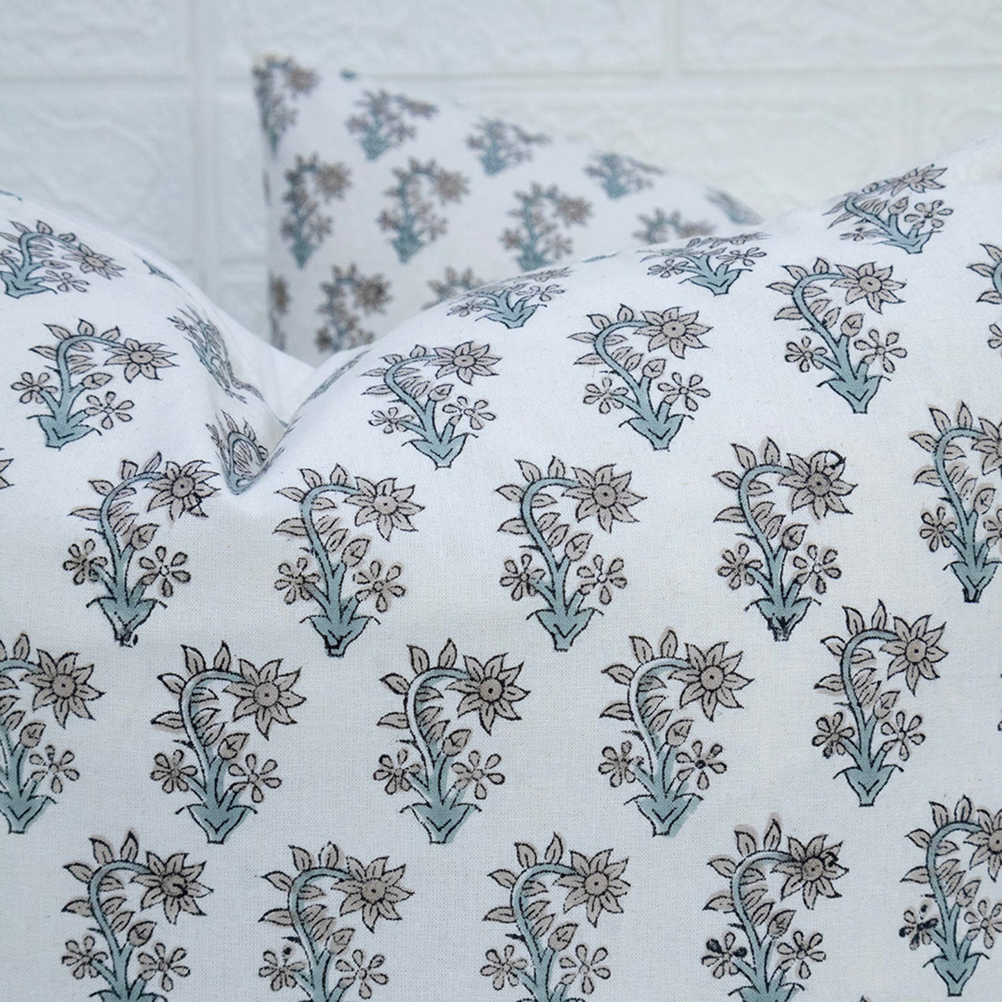 Hand Block Print White Floral Booti Cushion Cover – Handmade Cotton Decorative Pillow Cover